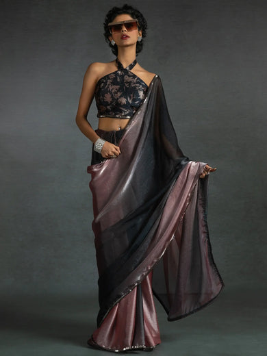 Amazing Pink & Grey Satin Reception Wear Pre-Stitched Saree